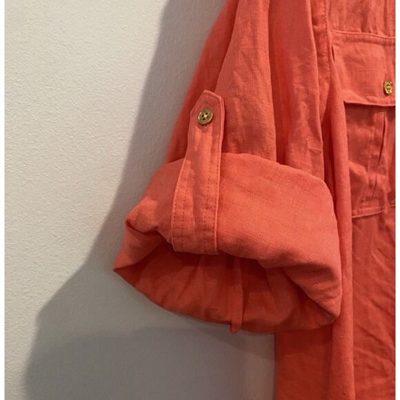 Talbots Top Large L Orange Melon Linen Button Up Roll Tab Lagenlook Boho Coastal - Picture 5 of 14